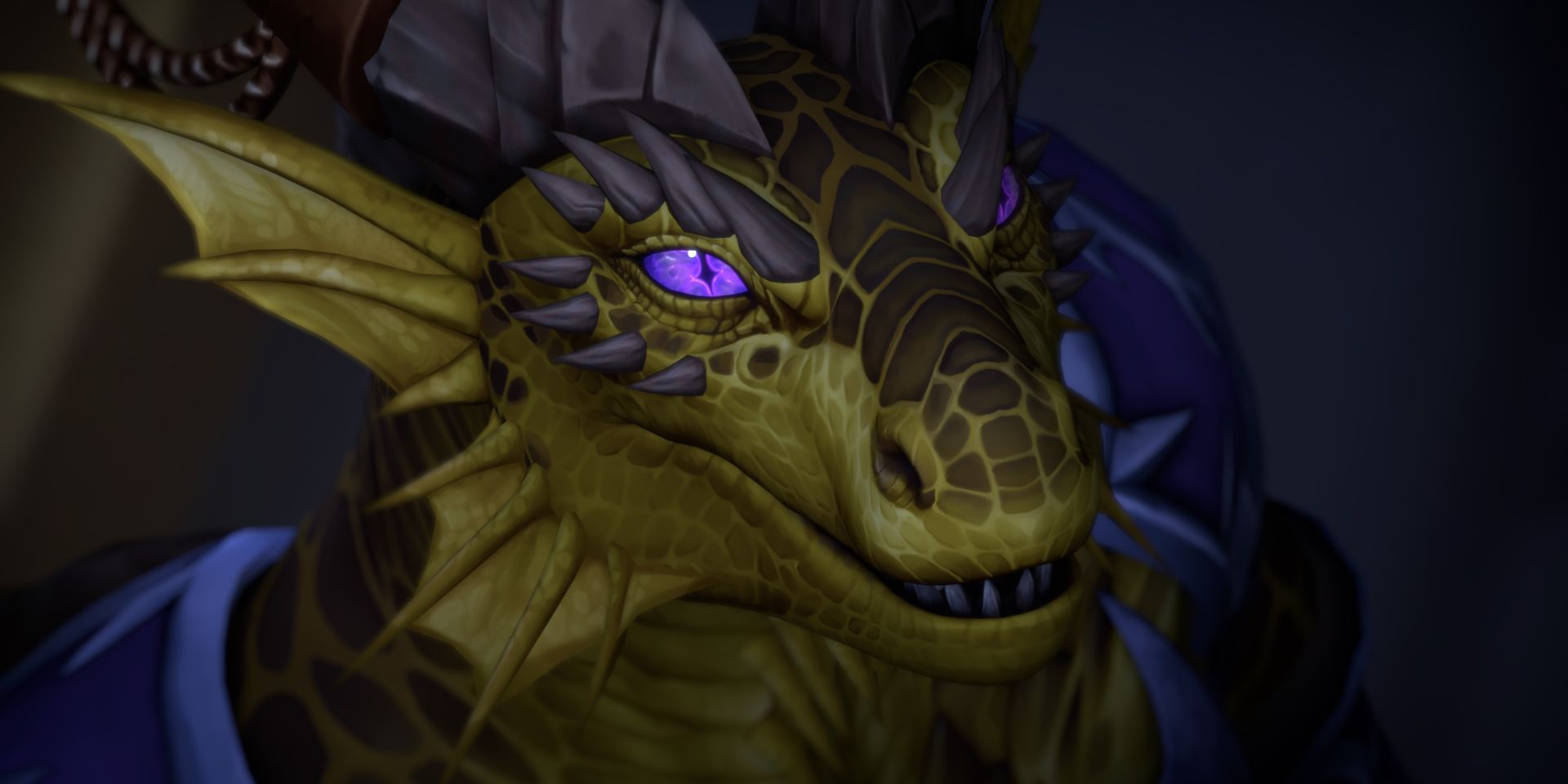 WoW Dragonflight Sarkareth, a golden dragon with vibrant purple eyes