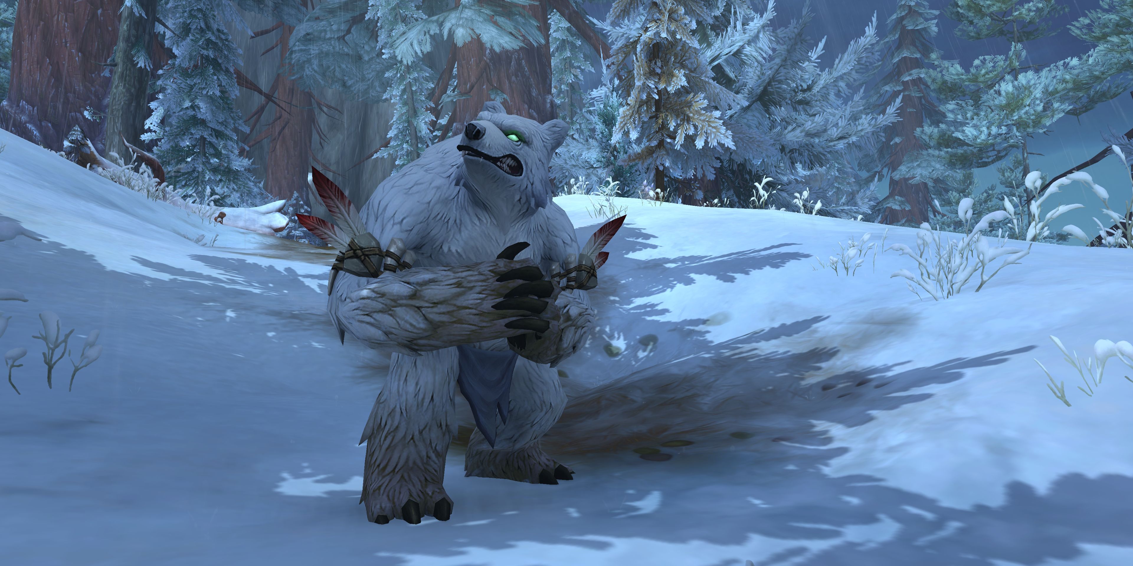 A Winterpelt Furbolg stands in a snowy wooded area looking up with a grimace at something in the sky