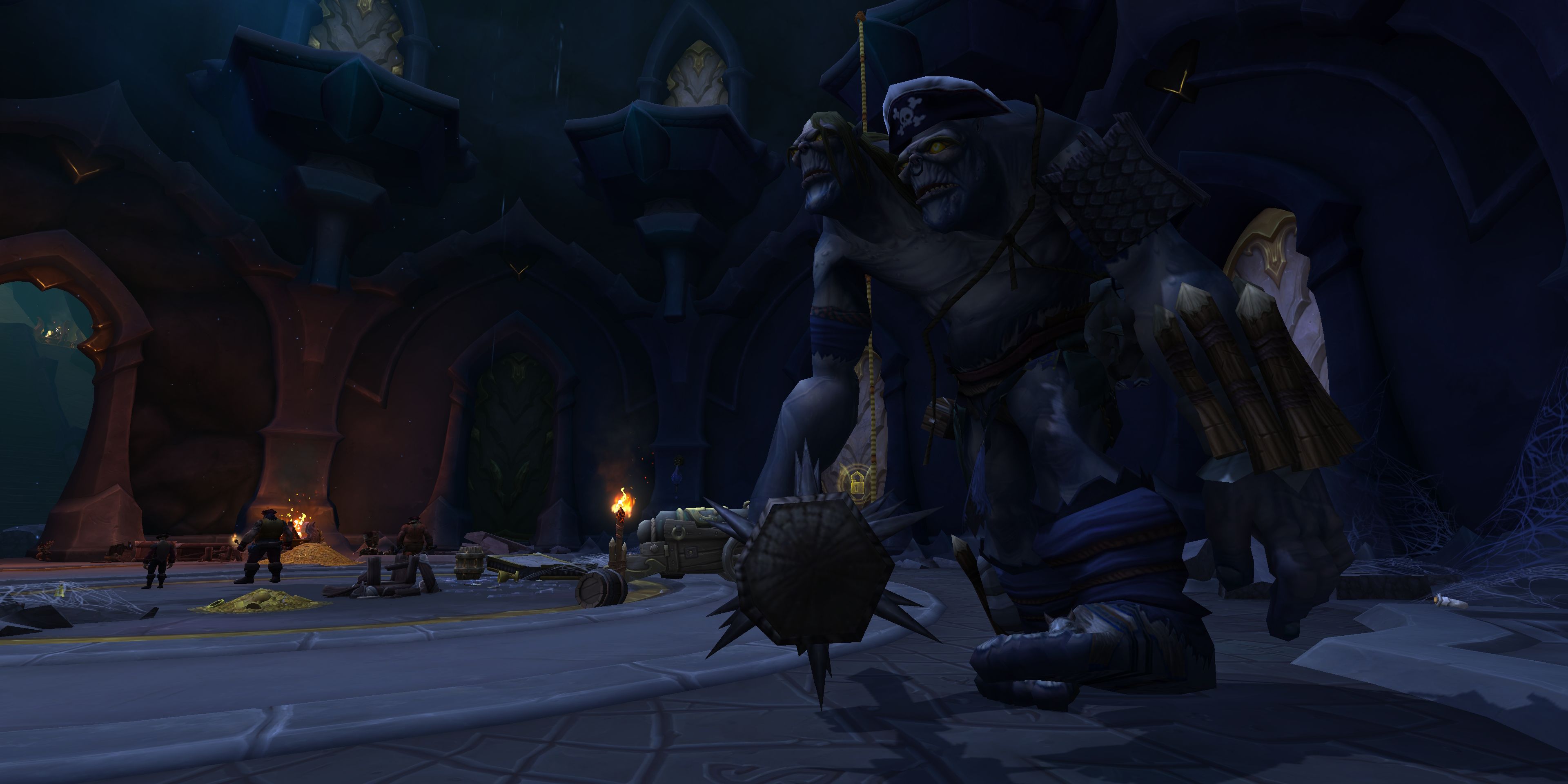 A large two headed ogre wearing pirate hats and carrying clubs is patrolling the inside of the Zskera Vaults