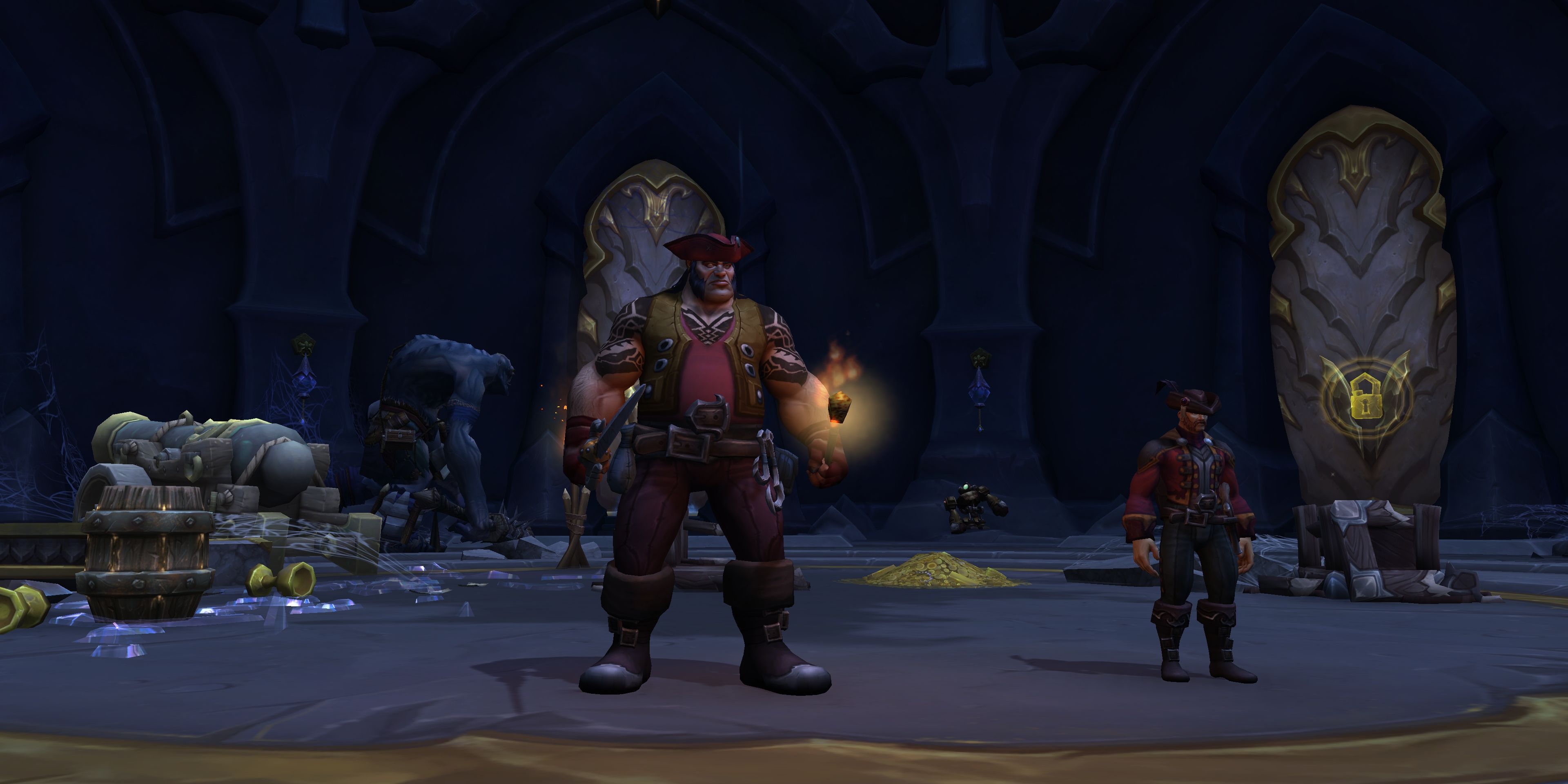 Inside the Zskera Vaults in WoW Dragonflight, two pirate NPC's stand guarding some treasure