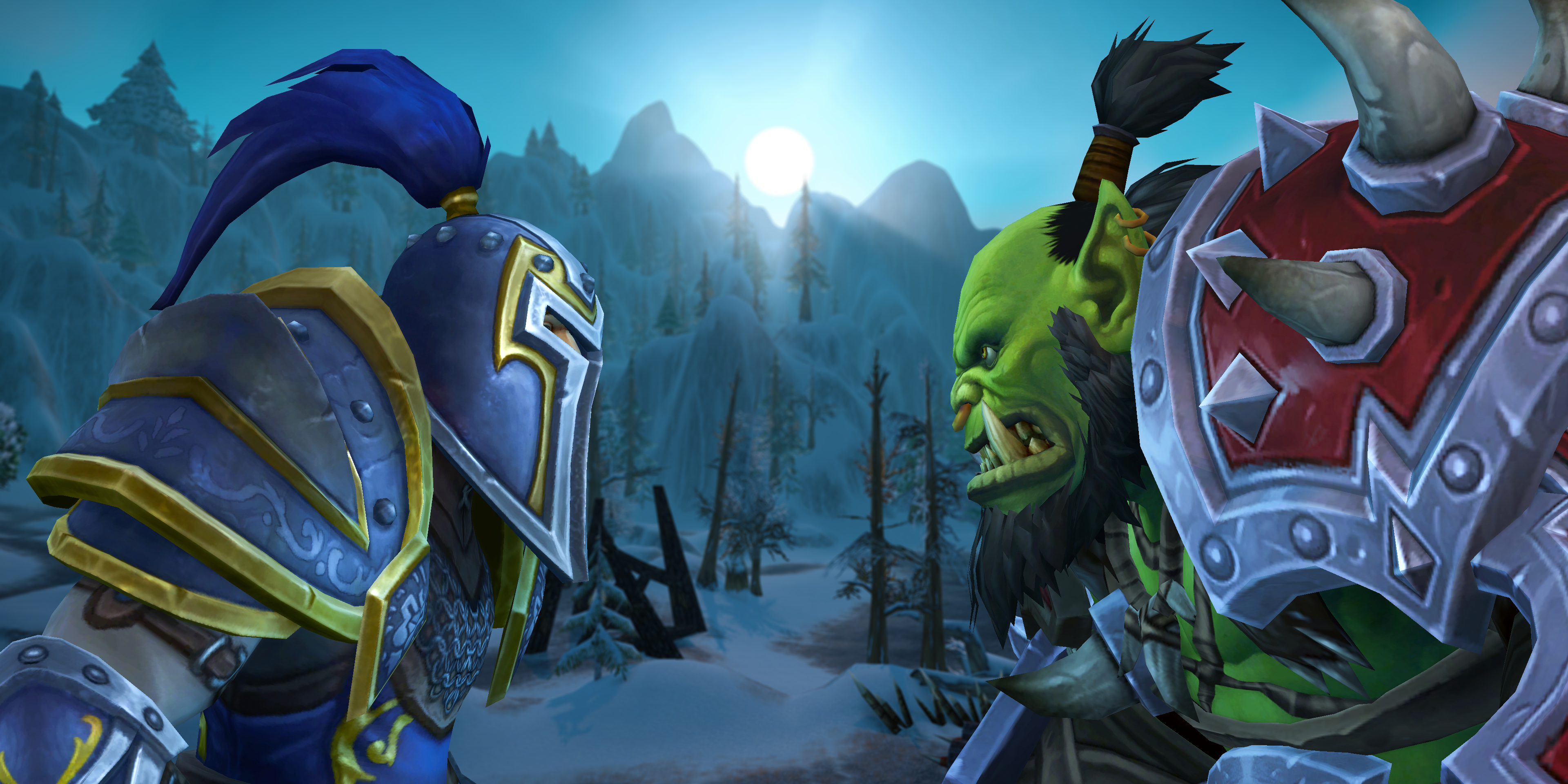 A human in regal knight armor stands looking into the eyes of an orc in classic Warcraft armor