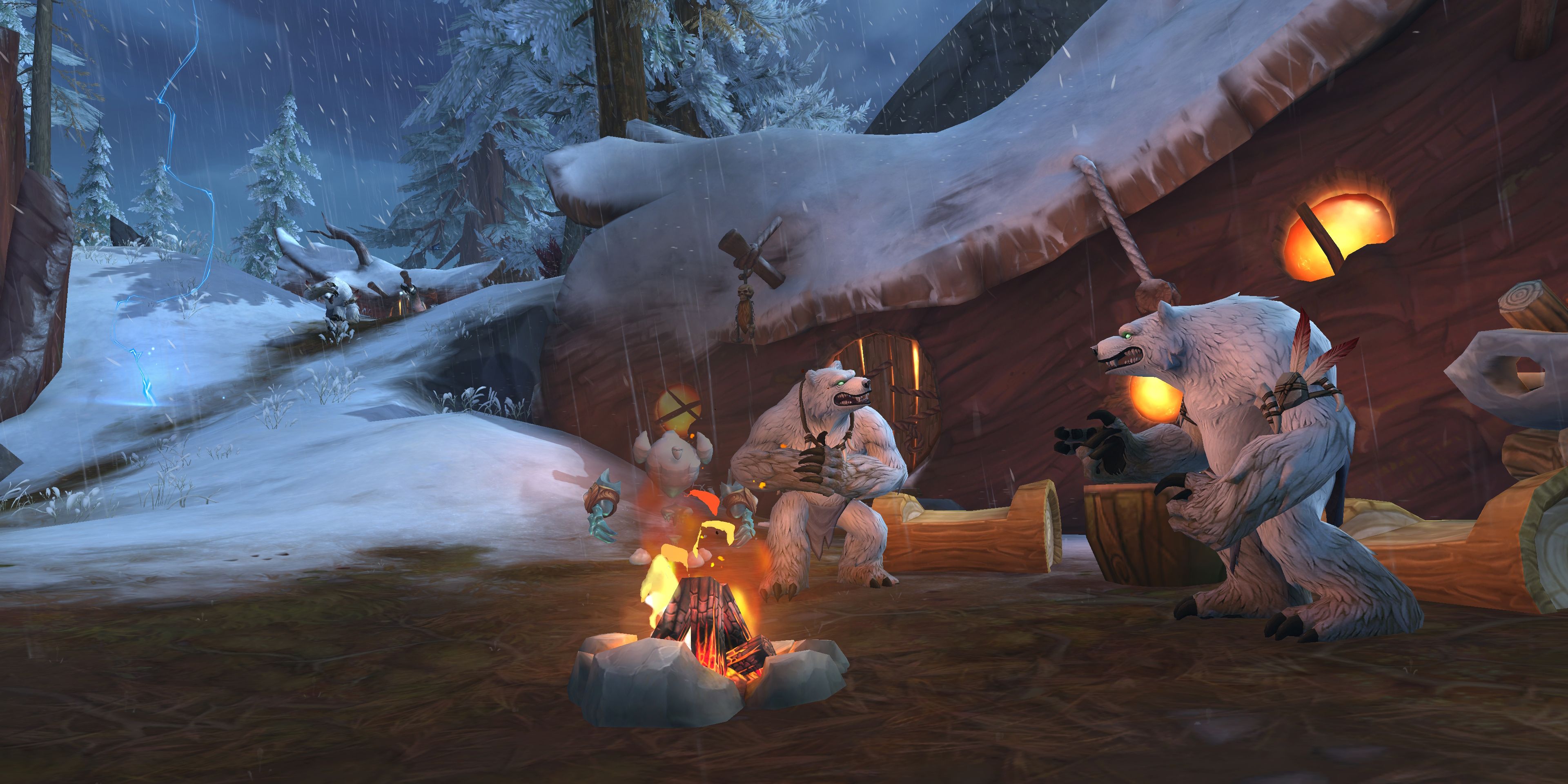 Two Winterpelt Furbolg's are gathered around a campfire in front of a building, one is sitting and one is standing. They appear to be having a conversation
