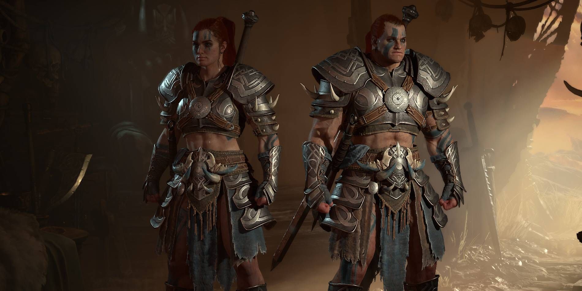 The two default appearances for the Barbarian class in Diablo 4, one feminine and the other masculine.