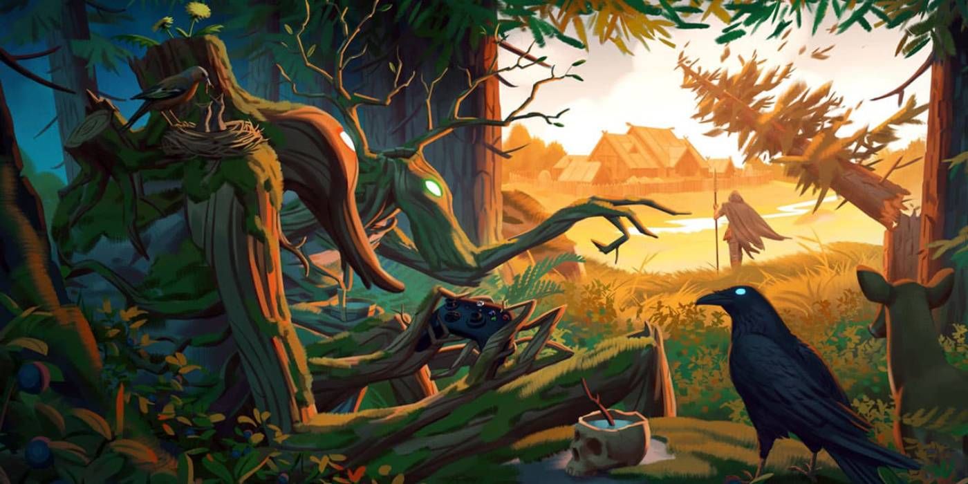 Valheim Artwork for Xbox Release Depicting Wanderer and Village in Background, Raven and Tree Creature in Foreground