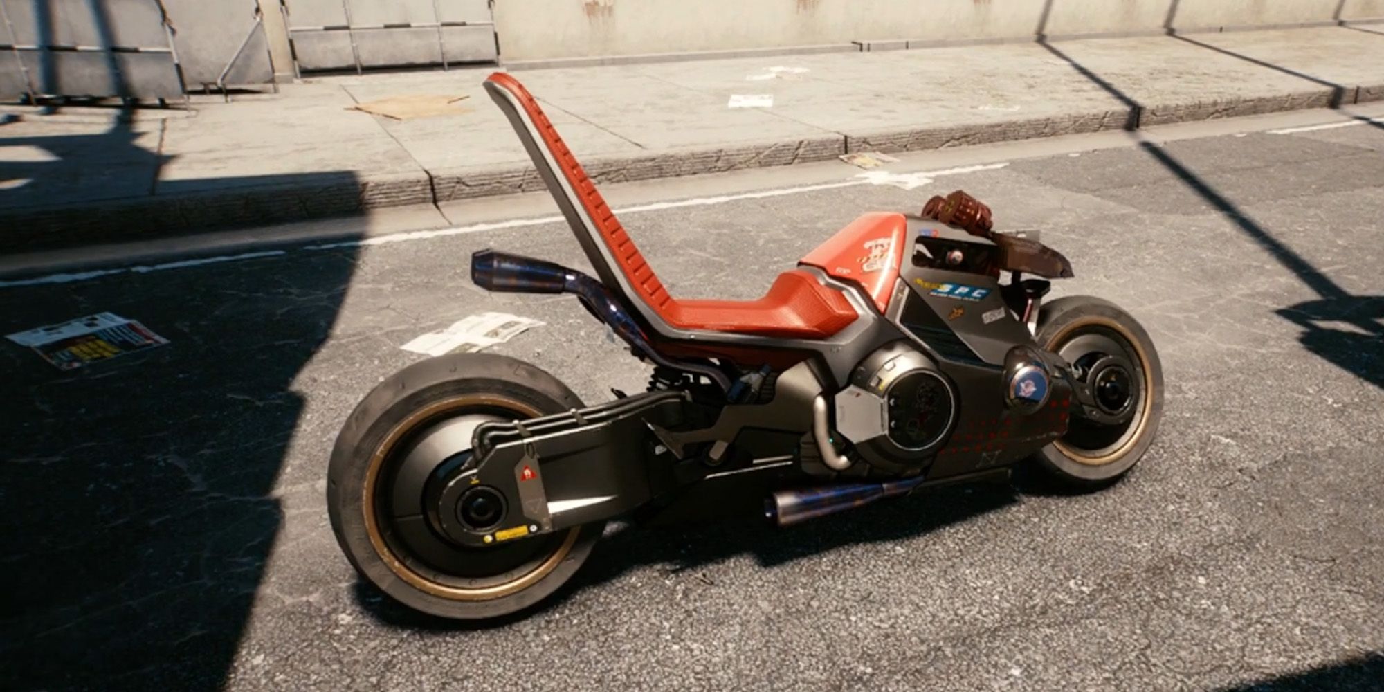 Yaiba Kusanagi Mizuchi Tyger Claw Custom motorcycle on the street in Cyberpunk 2077 with a low profile and high-backed seat.