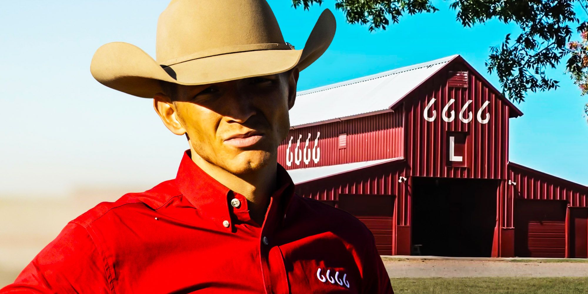 Jimmy looks down while wearing his Four Sixes shirt in front of the Four Sixes Ranch barn