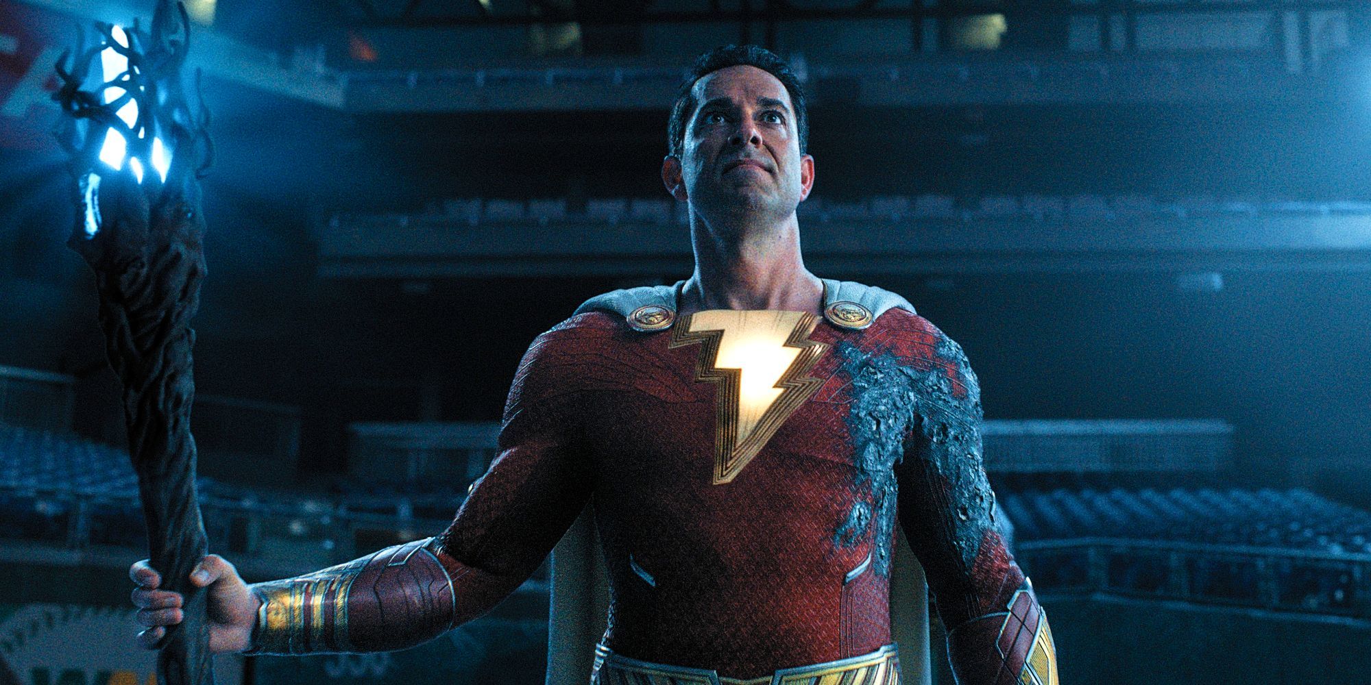 Zachary Levi as Shazam Holding A Mystical Staff in Shazam 2 Fury of the Gods