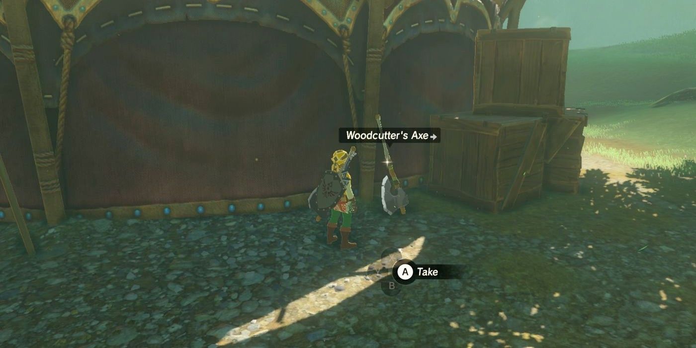 Link finding a Woodcutter's Axe outside a stable in The Legend of Zelda: Breath of the Wild.