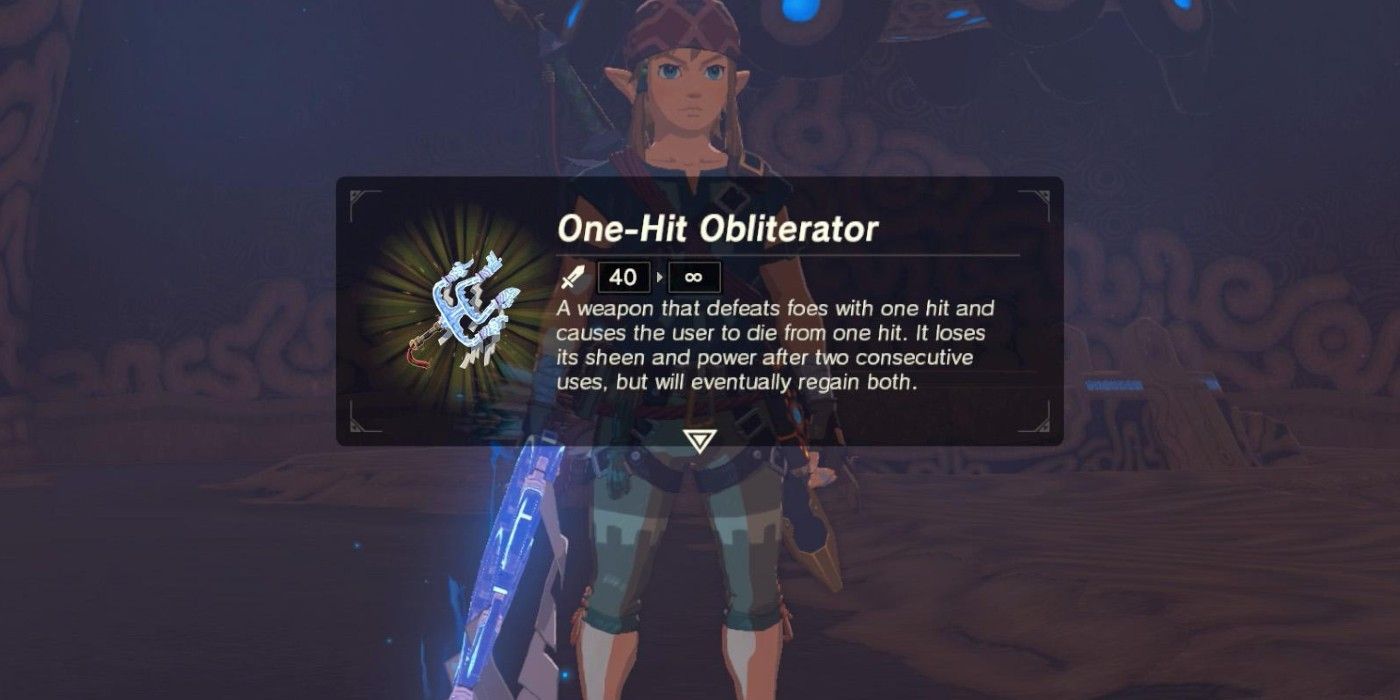 Tautan mendapatkan Obliterator Satu Hit di The Legend of Zelda: Breath of the Wild, dengan deskripsi item.