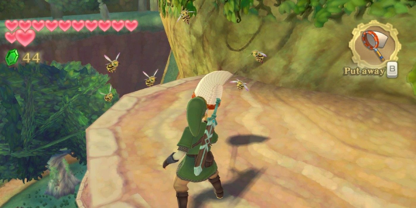 Link wielding the Bug Net against a swarm of Deku Hornets in the Legend of Zelda: Skyward Sword.