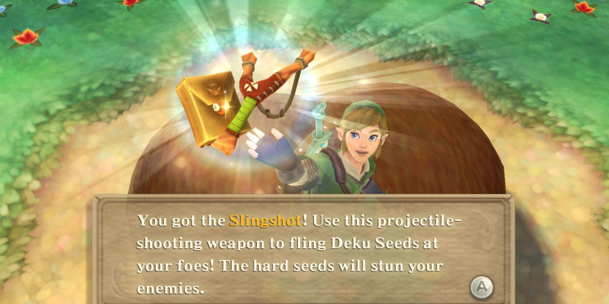 Link holding the slingshot aloft after discovering it in Skyward Sword HD.