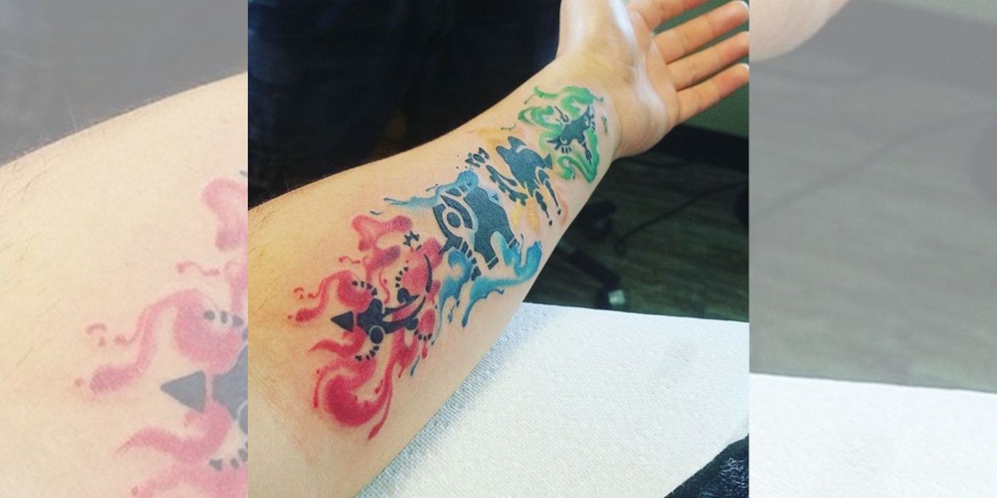 A tattoo of the four Champion Abilities from The Legend of Zelda series owned by @apothecaryjuices