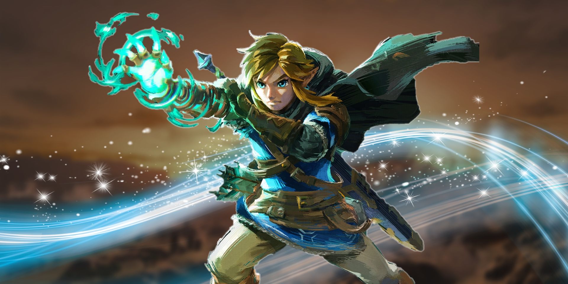 Un key-art de Link étendant son bras droit dans Zelda : Tears of the Kingdom.  Il y a une énergie bleu clair qui coule derrière lui et, en arrière-plan, une image floue d'Hyrule.