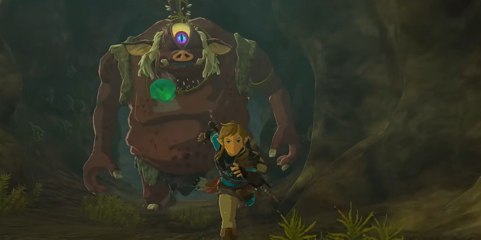 Link siendo perseguido por un Hinox a través de un túnel en The Legend of Zelda: Tears of the Kingdom.