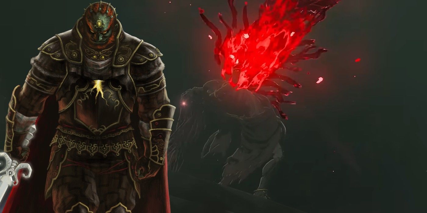 Image of Malice erupting from Ganondorf in The Legend of Zelda: Tears of the Kingdom, overlaid with an image of Twilight Princess' Ganondorf.