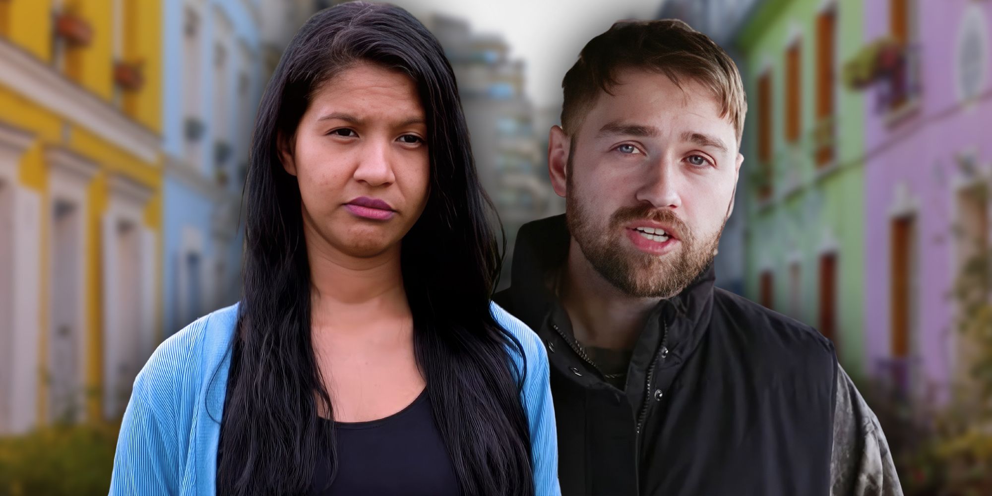 Karine and Paul from 90 Day Fiancé montage intense expressions city background