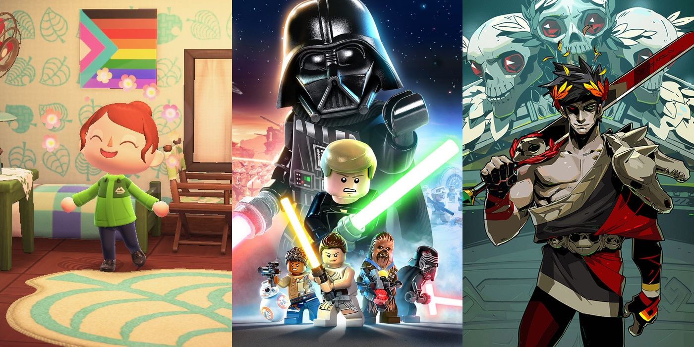 A vertically split image of three games, from left to right: an Animal Crossing character smiles inside their home, the cover art of LEGO Star Wars: The Skywalker Saga featuring the franchise&rsquo;s most prominent characters, and Zagreus from Hades holding a sword on his shoulder.
