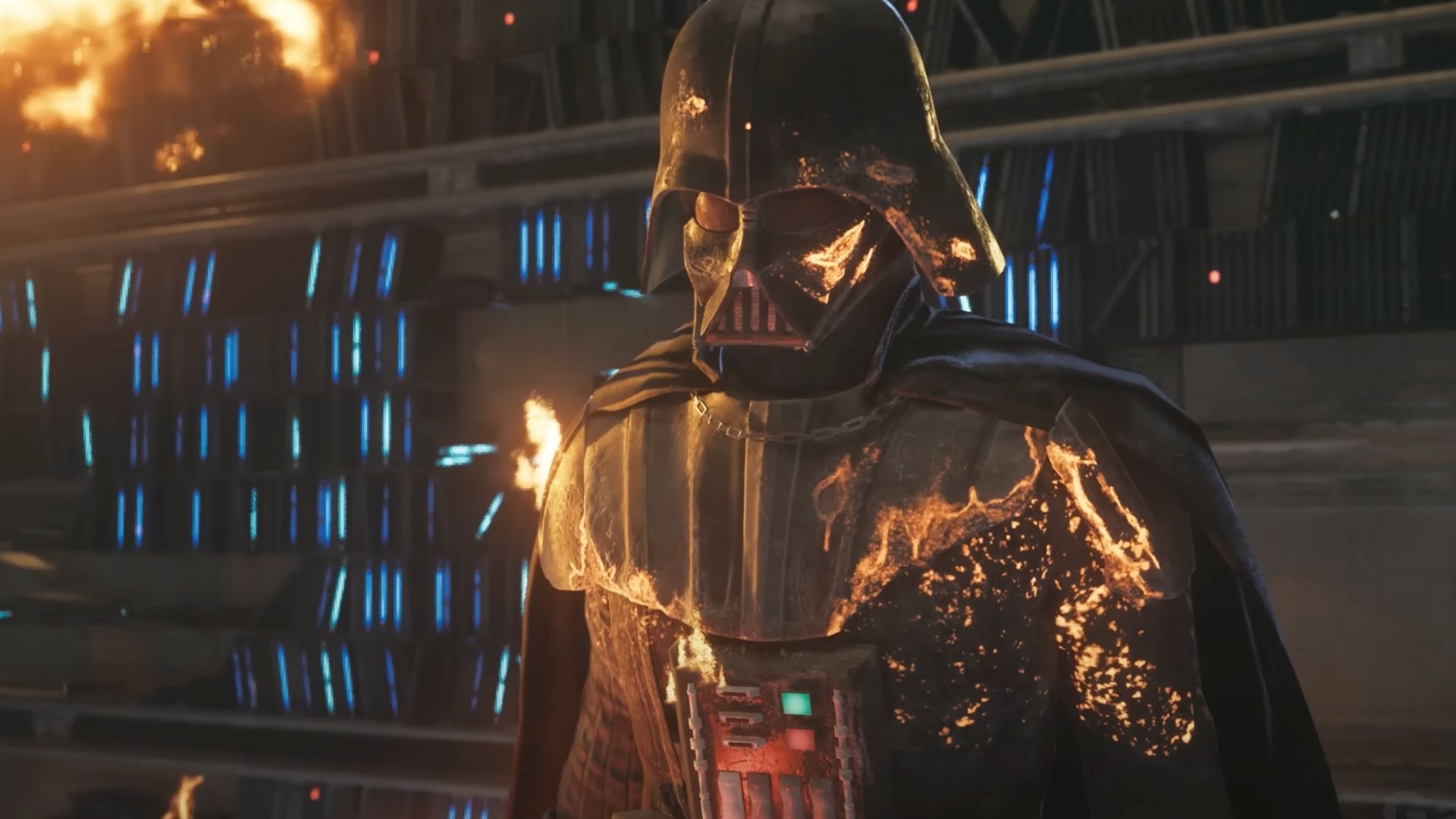 Primer plano de Vader en llamas en The Archives of Jedi Survivor