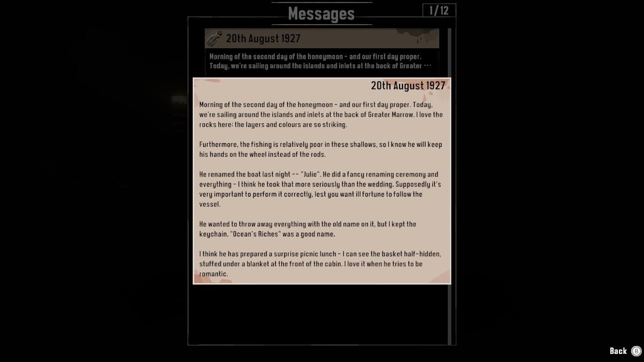 A message in a bottle from the game Dredge, dated 20th August 1927