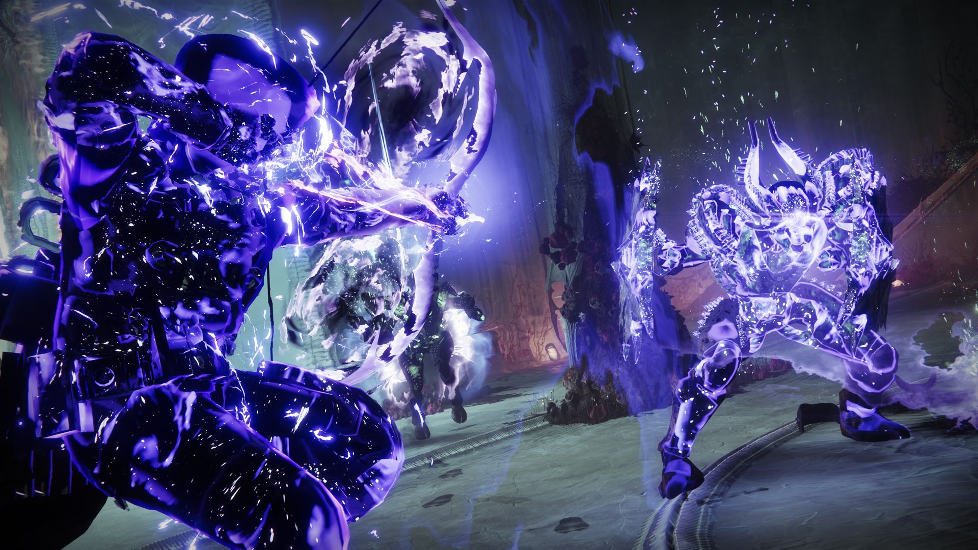 An in-game screenshot of a Destiny 2 Void Hunter using their Shadowshot ability against a Lucent Hive Knight, empowered with Void.