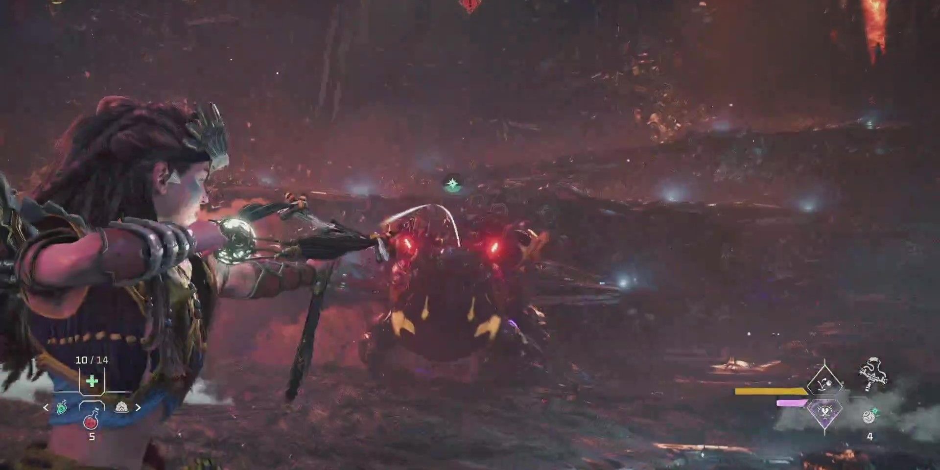 Aloy fighting the Apex Bilegut to complete the Theta Cauldron in the Burning Shores DLC