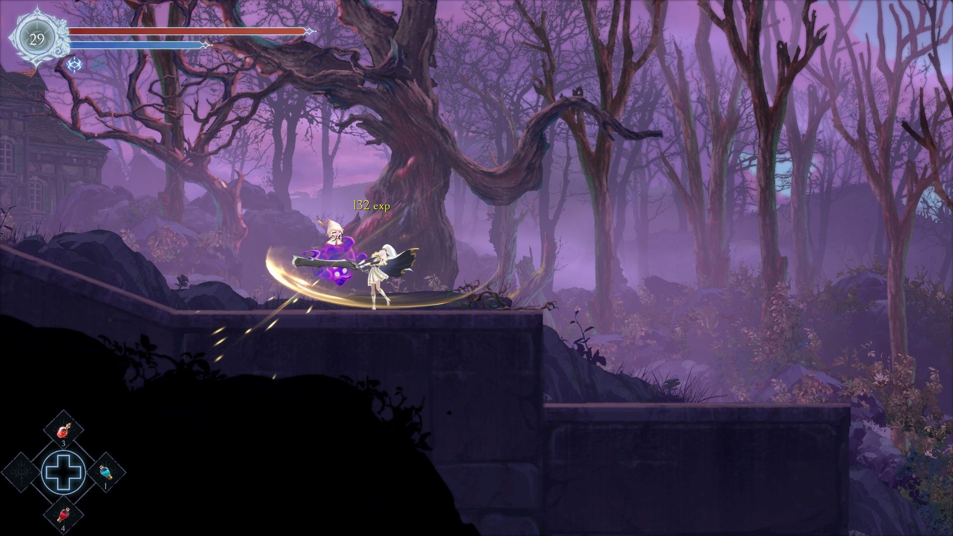 Renee, protagoniste de l'image rémanente, balançant une lourde lame sur un ennemi dans un environnement fantomatique sur fond d'arbres morts.