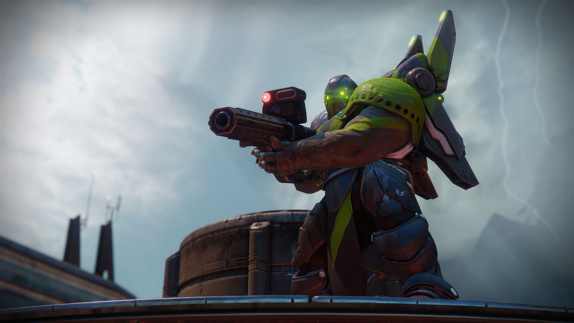 Destiny 2's Bracus Zhan in Lightfall's refresh of the Arms Dealer Strike. They wear green armor and hold a Cabal sniper rifle.