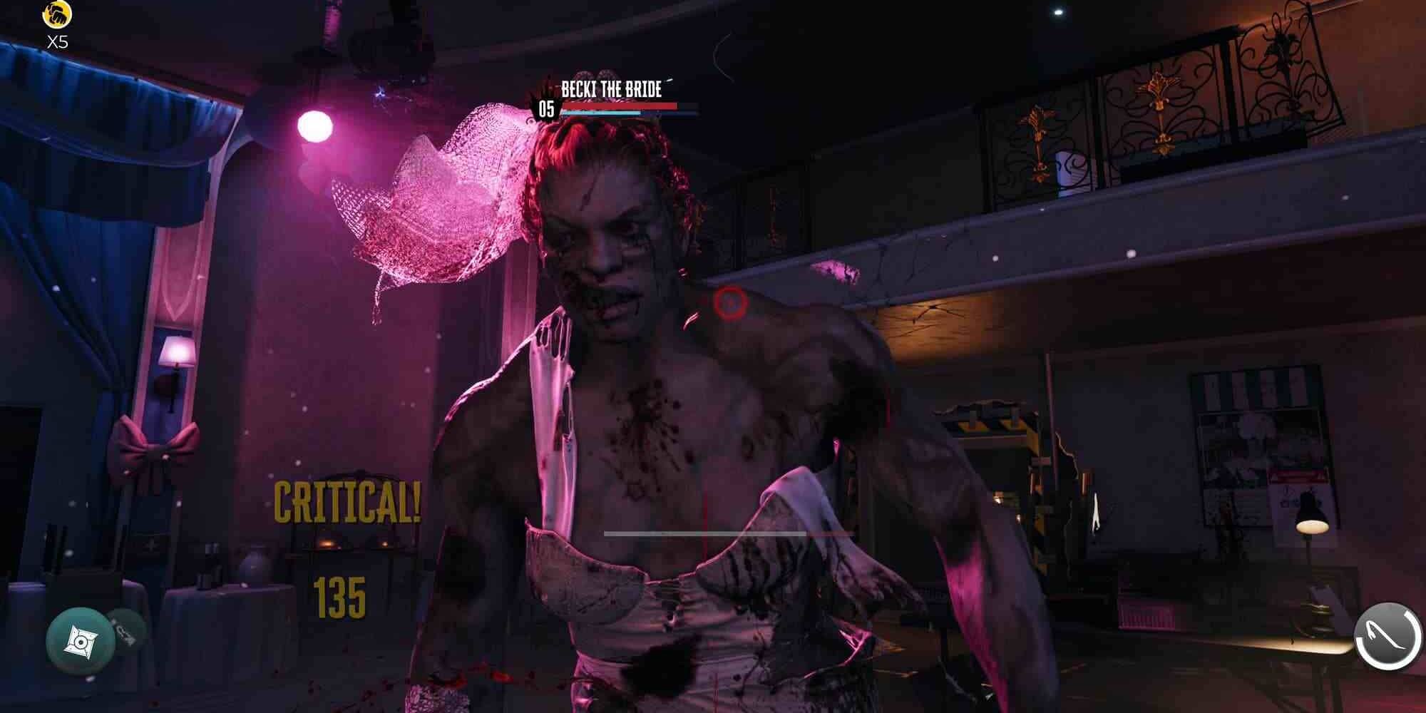 Dead Island 2 Becki the Bride Boss Fight Doing Damage to Stability Health with Critical Hit Player Perspective Screenshot
