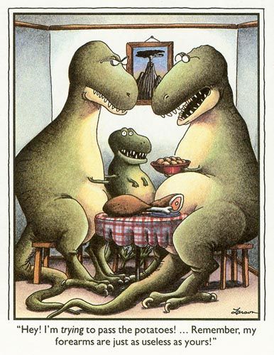 T Rex family sitting around dinner table in the Far Side comic.
