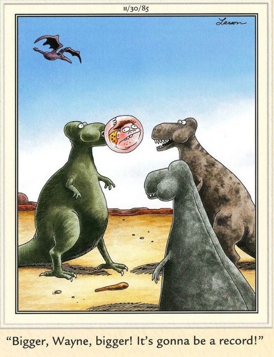 Far Side comic of dinosaurs blwoign a caveman bubble.