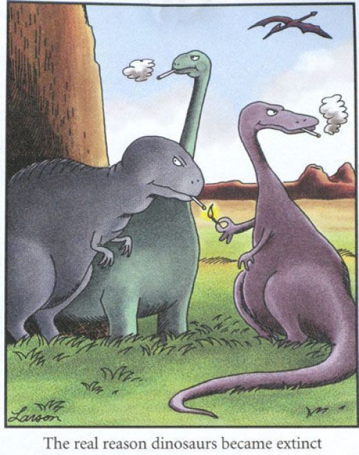 Dinosaurs smoking comic from The Far Side.