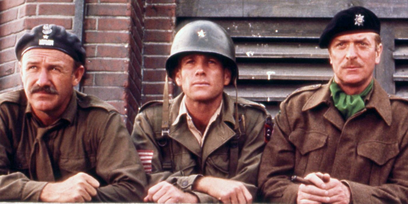 Promo image for A Bridge Too Far (1977). Left to right: Gene Hackman as Polish general Stanisław Sosabowski, Ryan O'Neal as Brigadier General James Gavin, and Michael Caine as Lieutenant-Colonel J.O.E. Vandeleur.