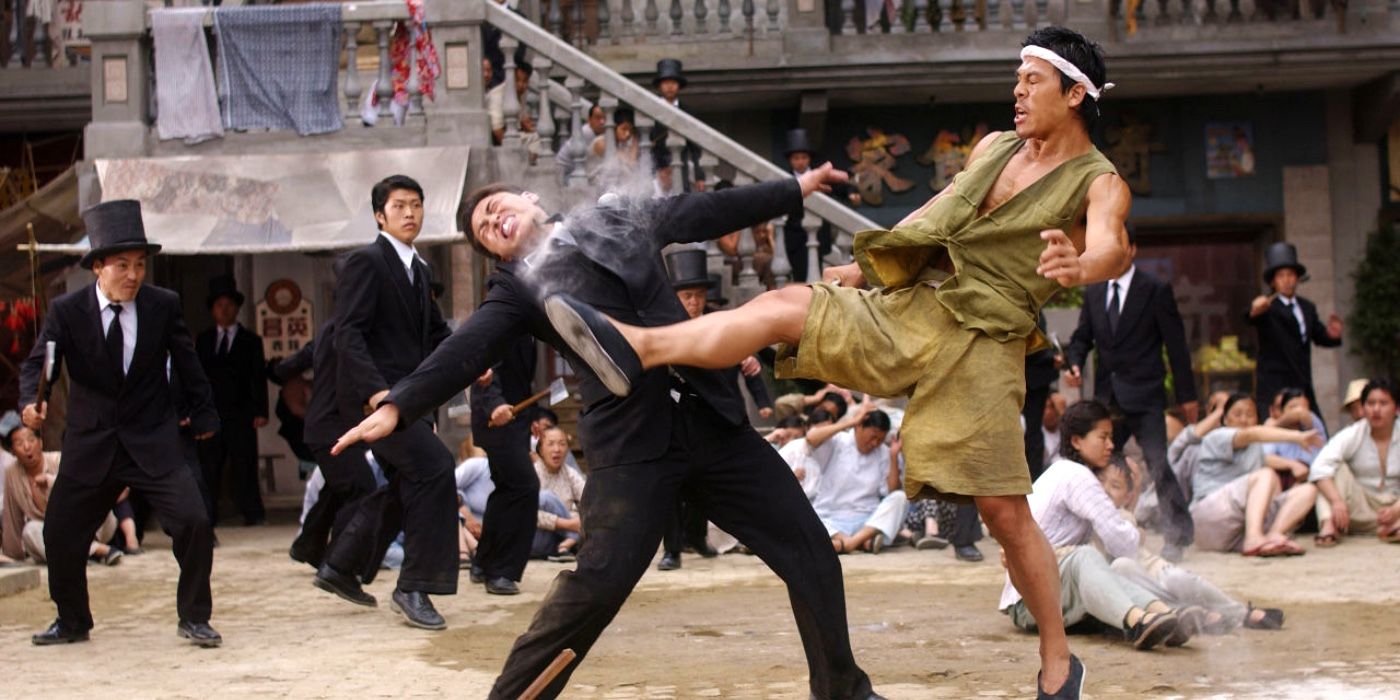 One character kicks another in the face in Kung Fu Hustle