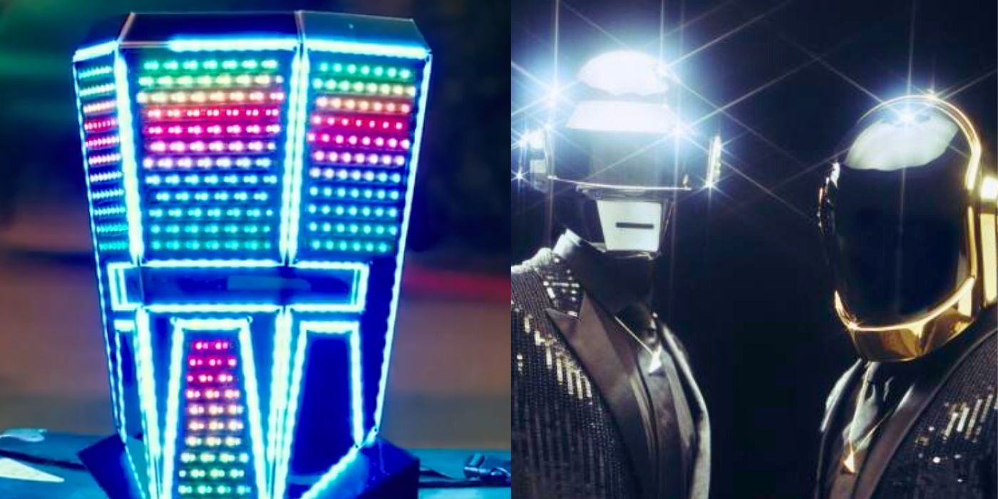 A helmet wearing DJ in Popstar and Daft Punk