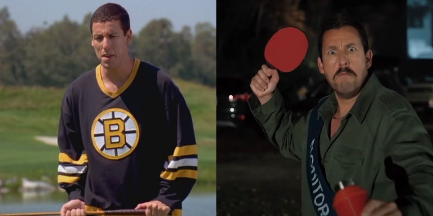A split screen of Adam Sandler in Happy Gilmore and Hubie Halloween.