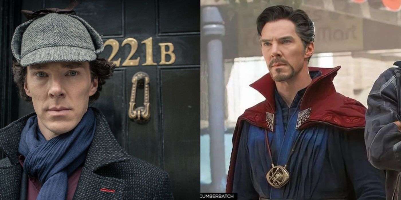 A split screen of Benedict Cumberbatch in Sherlock Homes and Doctor Strange.
