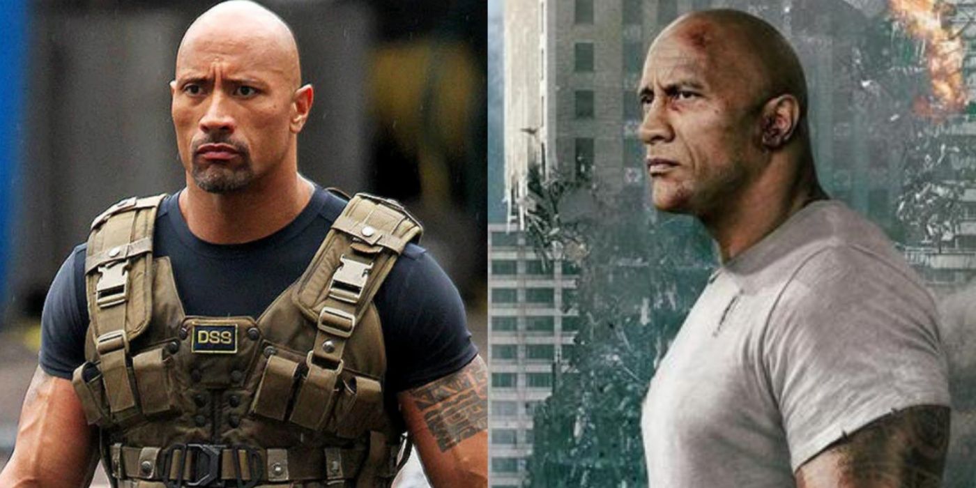 A split screen of Dwayne Johnson in Fast and Furious and Rampage.