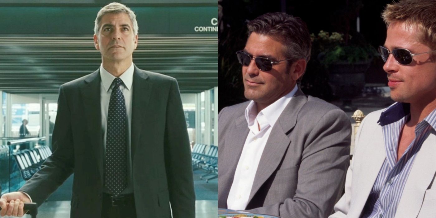 A split screen of George Clooney in Up in the Air and Ocean's Eleven.