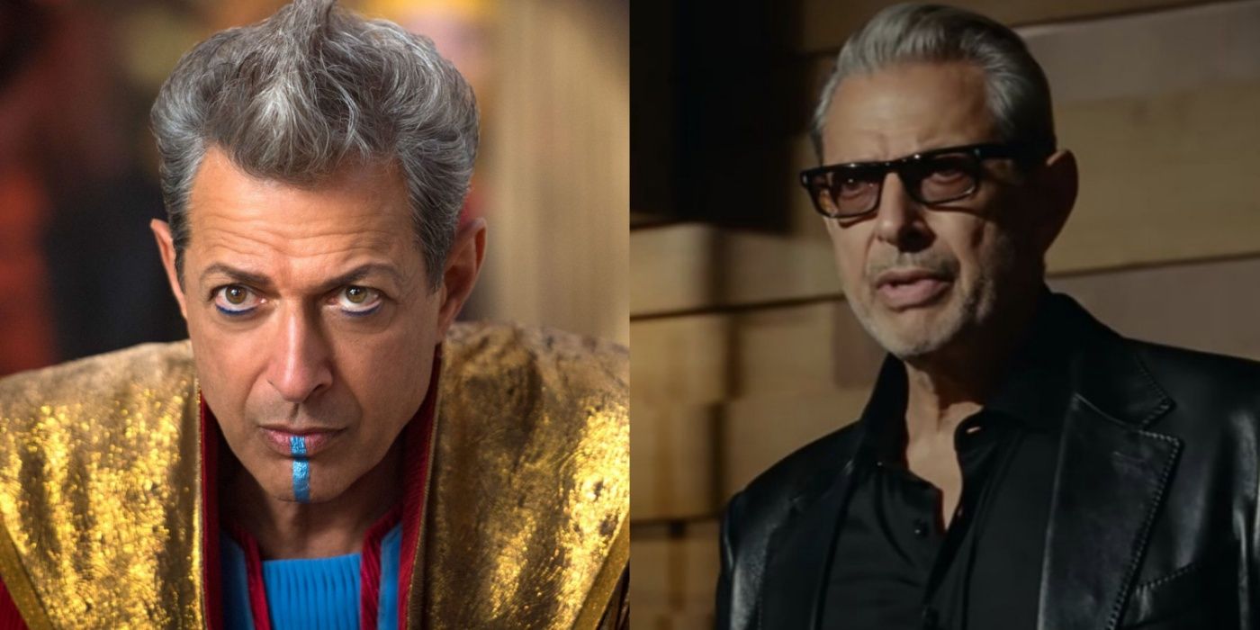 A split screen of Jeff Goldblum in Thor Ragnarok and Jurassic World.