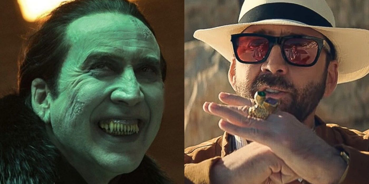 A split screen of Nic Cage in Renfield and The Unbearable Weight of Massive Talent.