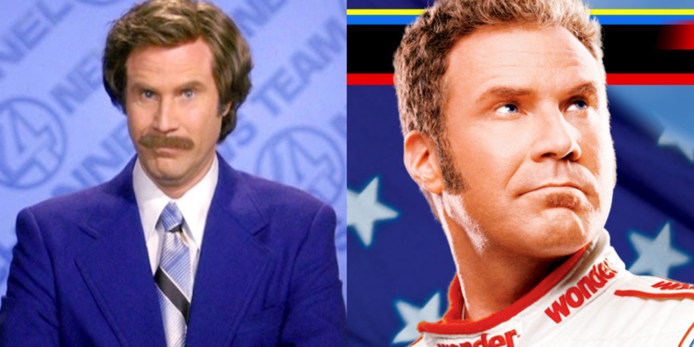 A split screen of Will Ferrell in Anchorman and Talledega Nights.