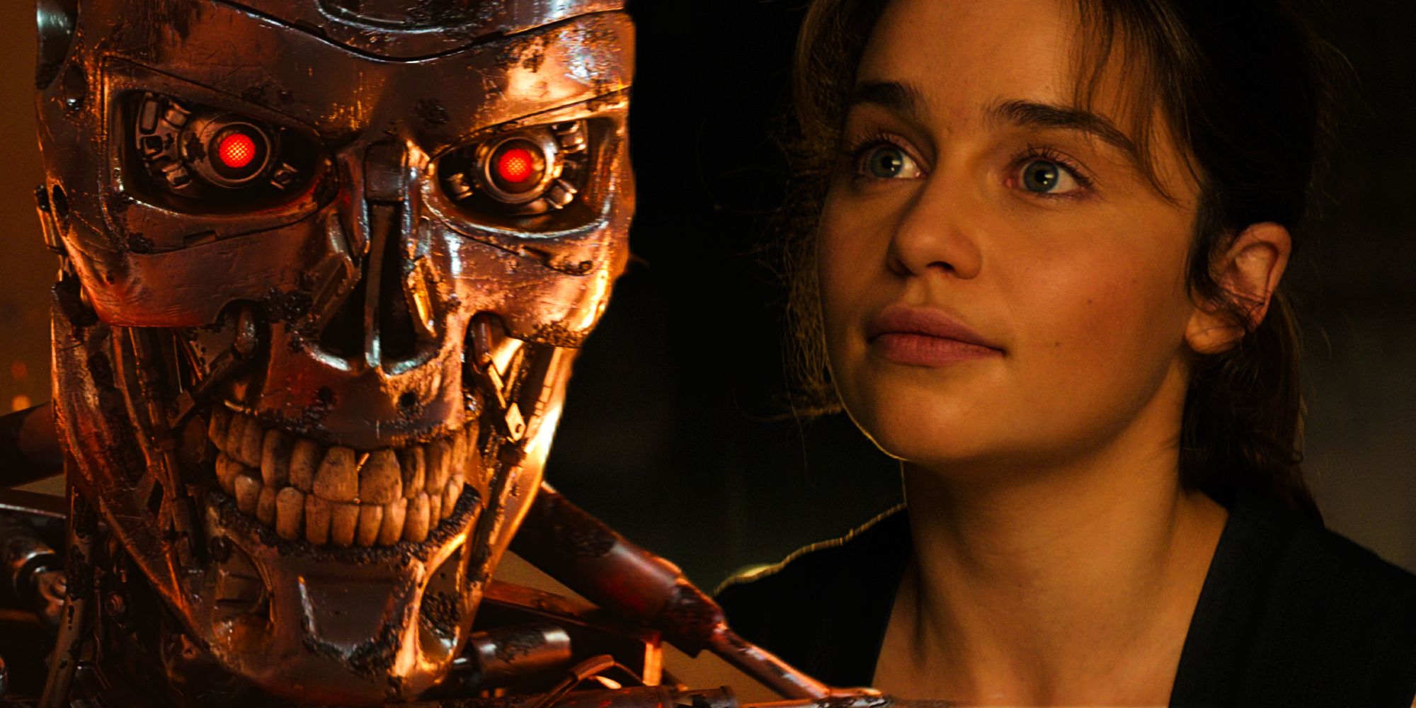 A Terminator and Emilia Clarke as Sarah Connor in Terminator Genisys