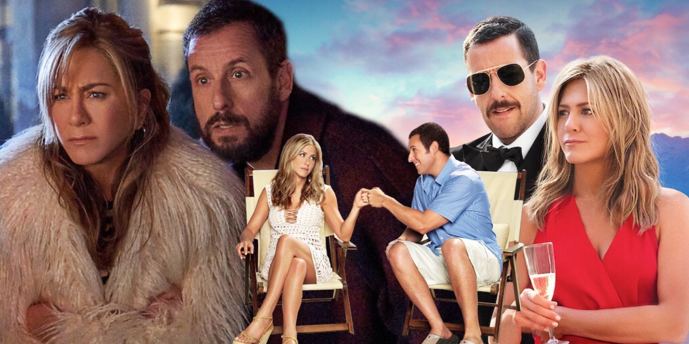 A composite image of Adam Sandler and Jennifer Aniston in their various movies