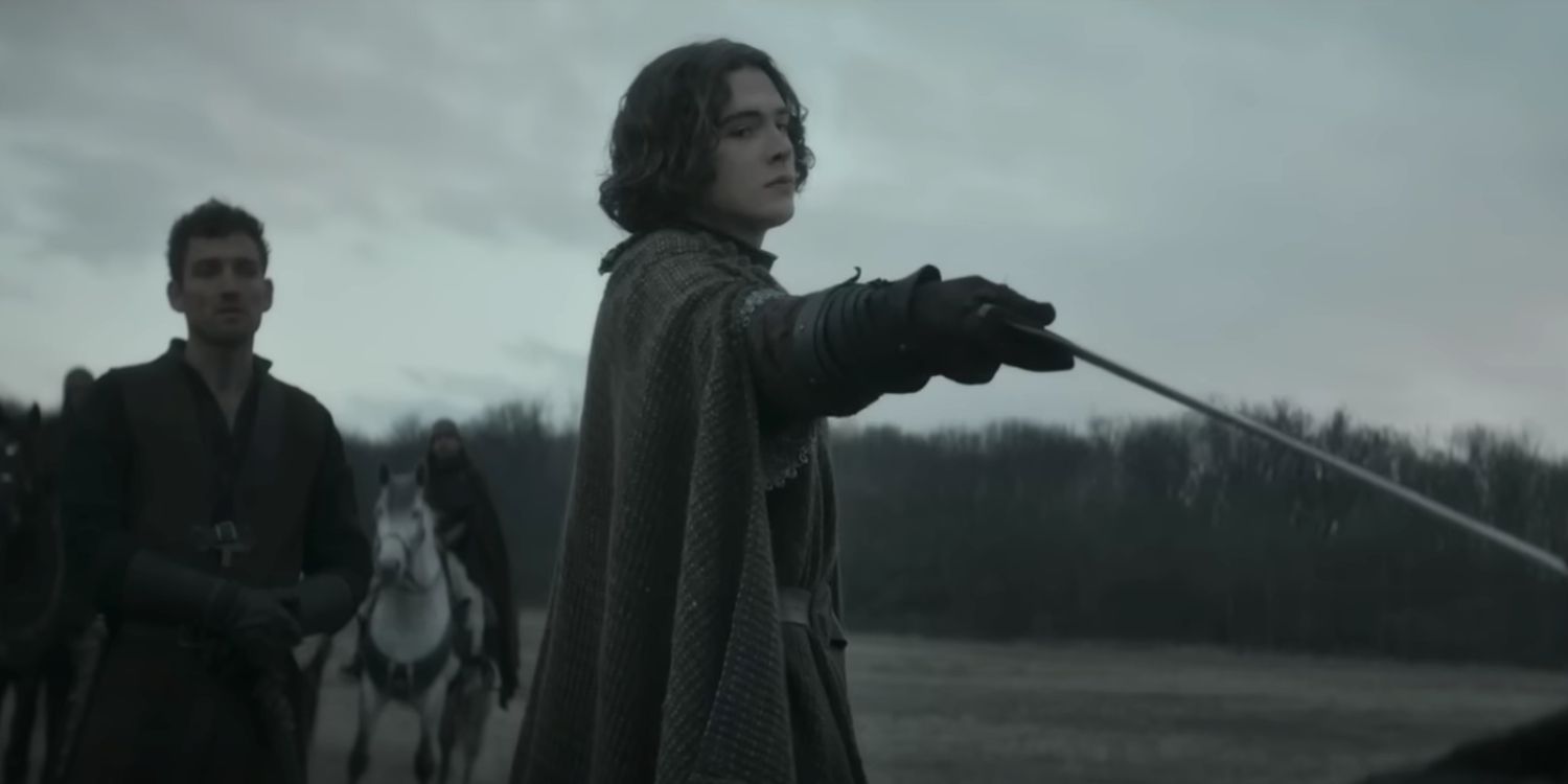 Aethelstan aims his sword at Uhtred's throat in the Last Kingdom