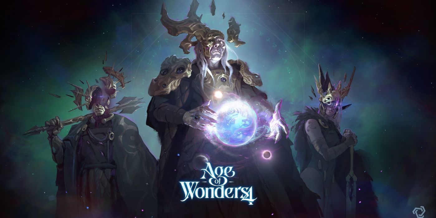 Age of Wonders 4 Title screen, showing the logo and three rulers