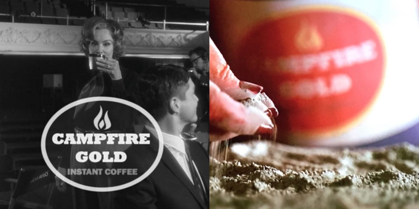 A split image features Elsa in a Campfire Gold Coffee commercial in AHS: Freak Show and ashes from a coffee can in AHS: Hotel