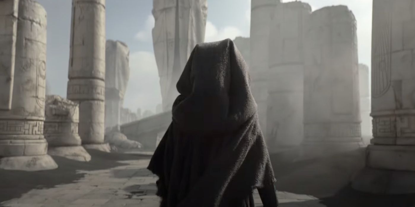 Ahsoka donning her robes exploring a ruined Jedi Temple.