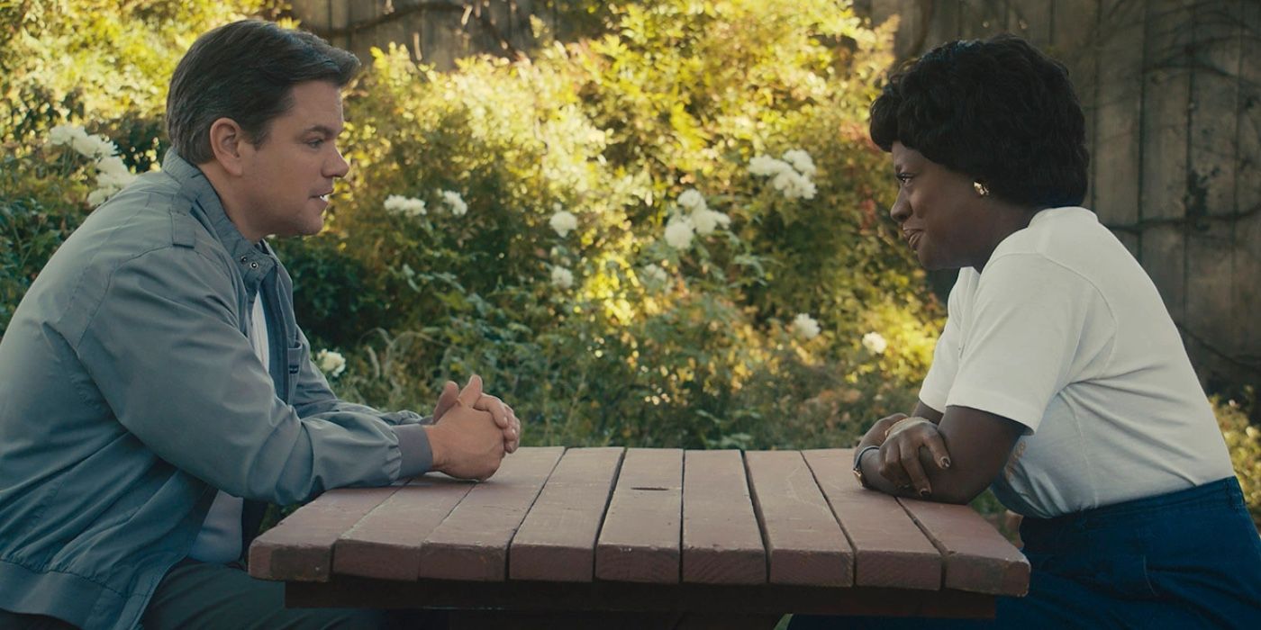 Air Movie Matt Damon as Sonny Vaccaro and Viola Davis as Deloris Jordan sitting across each other at a table