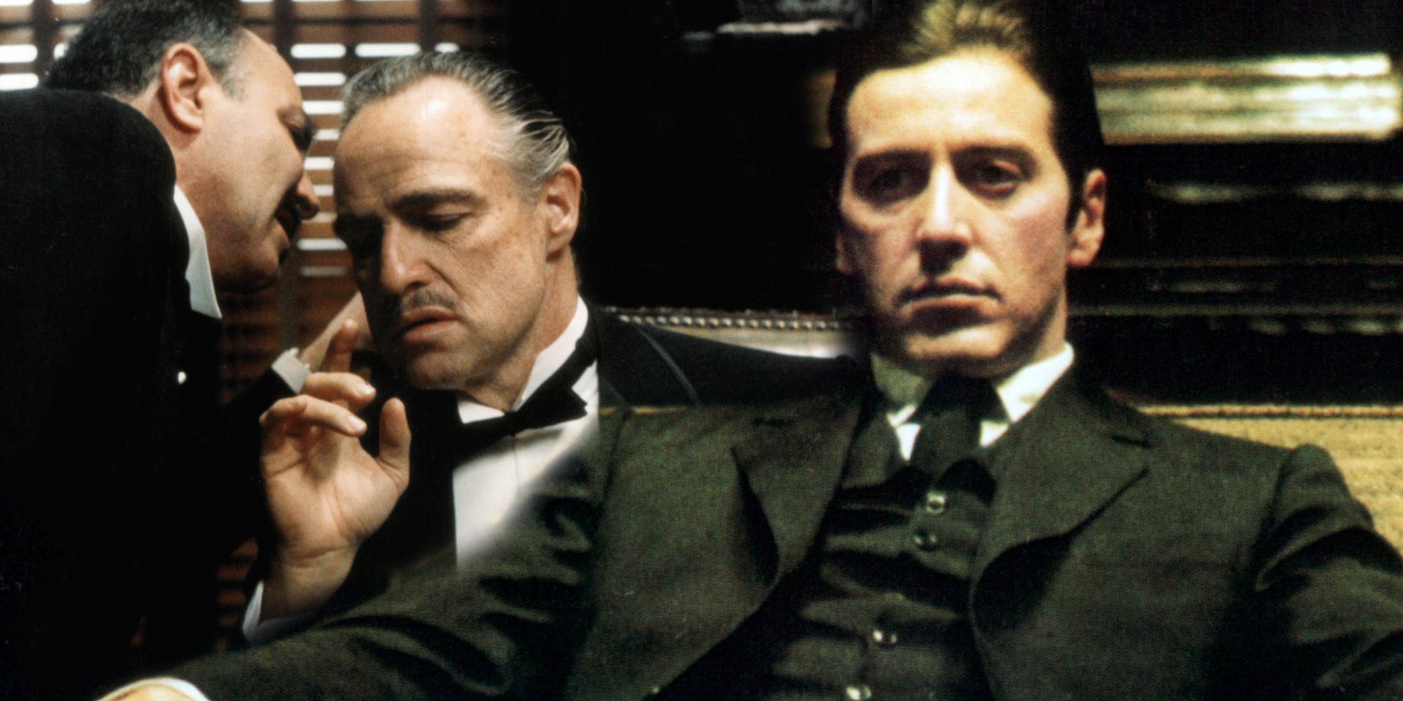 Immagine miscelata di Michael Corleone seduto nella Parte II mentre Vito sta parlando con qualcuno nel Padrino