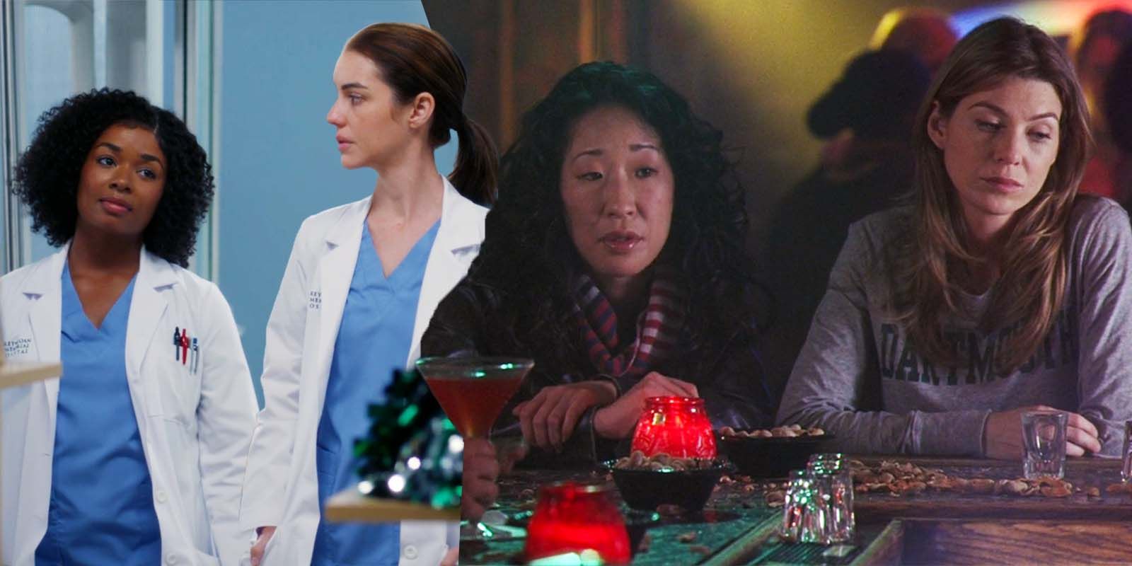 Alexis Floyd as Simone and Adelaide Kane as Jules in Grey's Anatomy S19 & Sandra Oh as Cristina and Ellen Pompeo as Meredith in Grey's Anatomy S2